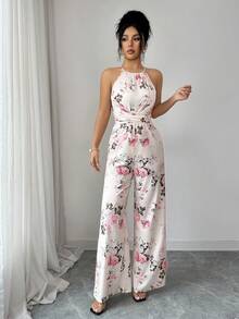 SHEIN Elenzya 女士流行玫瑰印花露背扭结褶皱连体裤，优雅时尚休闲连体裤，适合日常和户外穿着，夏季 - 彩色 - 查看 6
