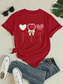 INAWLY Áo thun nữ cổ tròn in hình trái tim và nơ, kiểu dáng thường ngày, thích hợp cho mùa hè. - Đỏ - Xem 3