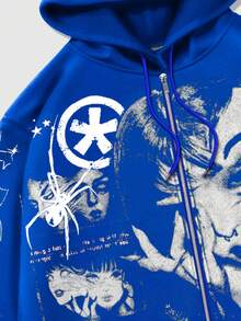 ROMWE MEN Anime Sudadera con capucha y cremallera de manga larga con estampado gráfico casual de retrato de hombre de calle, estilo Y2K - Azul - Ver 3