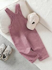 女童灯芯绒休闲纽扣口袋背带连体裤 - 粉色 - 查看 2