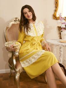 Côtesoire Áo ngủ nữ kiểu Pháp lãng mạn, thanh lịch, phong cách cung điện, phối màu tương phản, ren ghép mảnh, tay áo phồng. - Màu vàng - Xem 4
