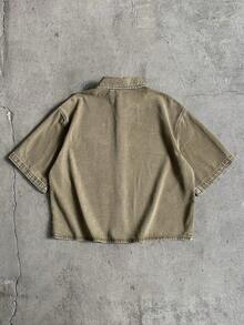 AXEPEAK Men's Casual Everyday Commute Fashion Street Embroidered Washed Denim Short Sleeve Shirt, Summer - Green - View 2