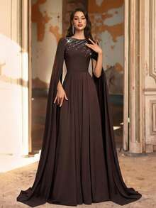 Aureia Elegant Coffee Brown Stretch Satin Formal Evening Dress,Luxurious Hand-Applied Rhinestones,Round Neck,Flowing Sleeves,A-Line Silhouette With Train - Coffee Brown - View 2