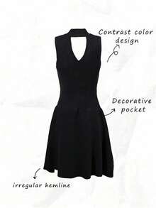 Franclia Đầm len nữ cổ chữ V hở lưng, kiểu dáng thời trang và thanh lịch, màu đen trơn, ngắn, thích hợp cho mùa xuân và mùa hè. - màu đen - Xem 4