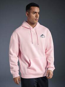 Driftmere Men's Autumn/Winter Minimalist Mountain Print Pocket Drawstring Hoodie Sweatshirt, Long Sleeve Top - Pink - View 4