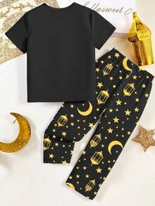 1 Set Young Boys Pajamas, Lantern & Moon Print Knit Round Neck Top Paired With Moon Print Relaxed Fit Short Sleeve Pants, Spring/Summer - Black - View 2