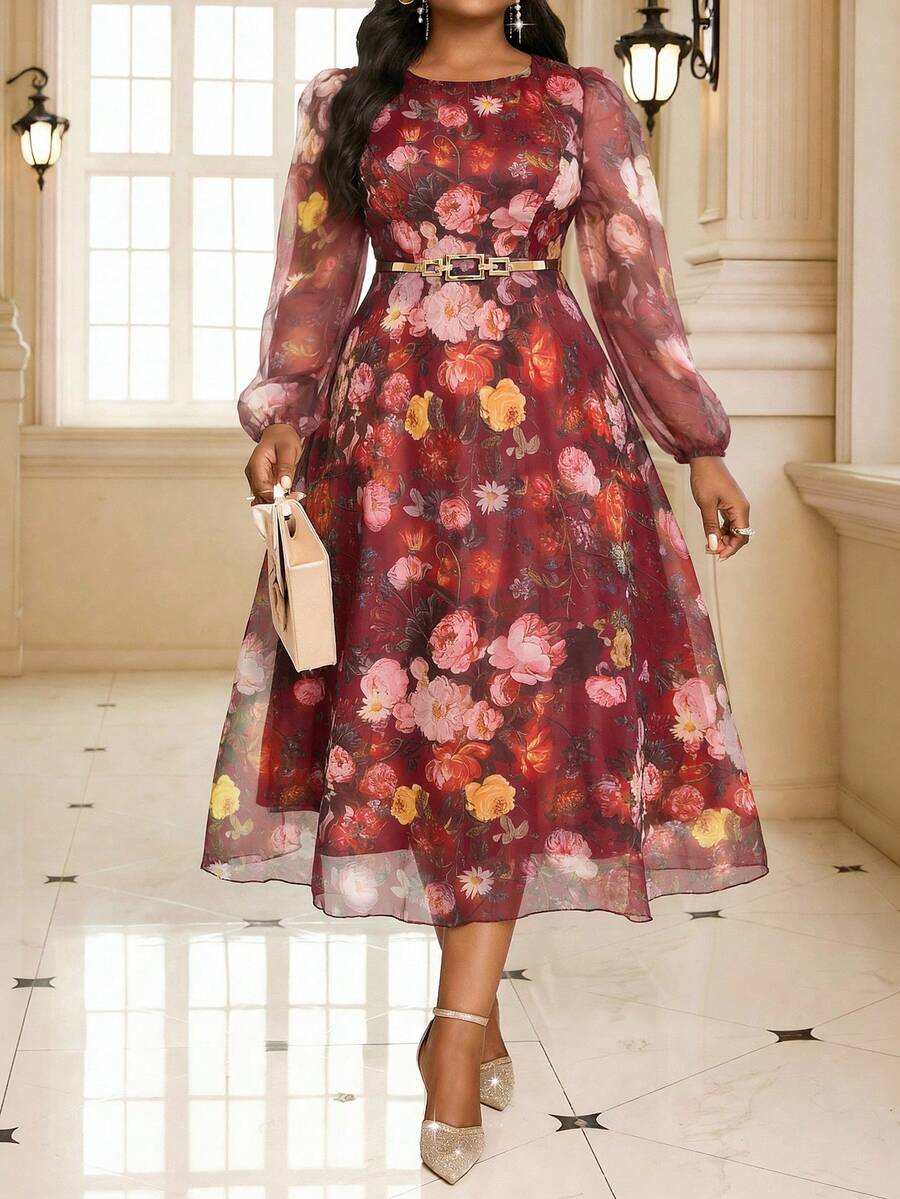 SHEIN Lady 大码女式印花圆领灯笼袖优雅派对连衣裙 - 酒紅色 - 查看 1
