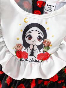 Perso Play Baby Girl Spring And Summer Black Color Princess-Sleeve Dress Color-Blocking Technique Large Ruffle Vivid Printed Patterns Baby Outfits For Girls Ootd Baby Girl Short Sleeve Dress Baby Girl Summer Dress Baby Girl Floral Print Dress Baby Girl Dress - Multicolor - View 8