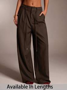 SHEIN Tall CURVE Plus Size Solid Color Drawstring Waist Slant Pocket Casual Pants Wide Leg Pants Pleated Pants Oversized Pants Brown Pants For Women,Daily Commute,Going Out,Workplace, Office - Brown - View 1