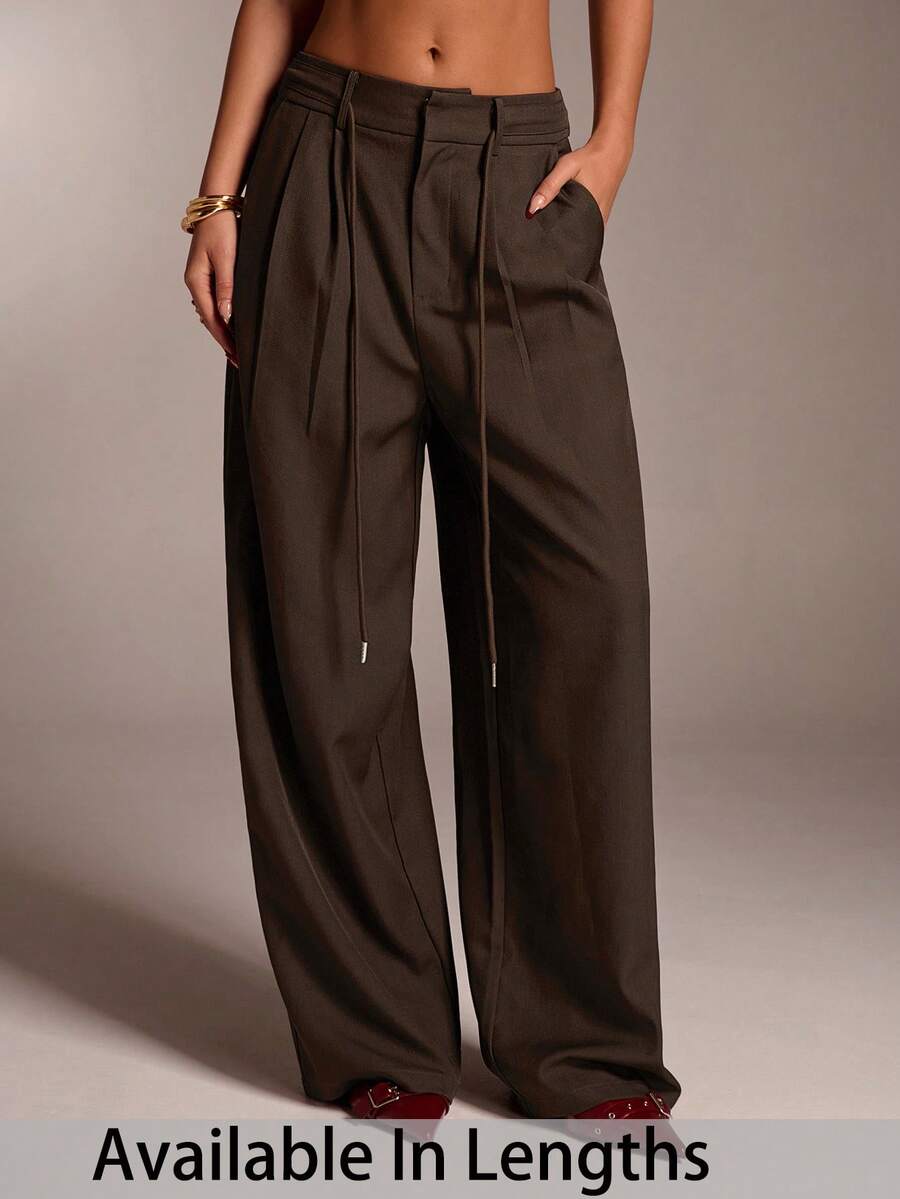 SHEIN Tall CURVE Plus Size Solid Color Drawstring Waist Slant Pocket Casual Pants Wide Leg Pants Pleated Pants Oversized Pants Brown Pants For Women,Daily Commute,Going Out,Workplace, Office - Brown - View 1