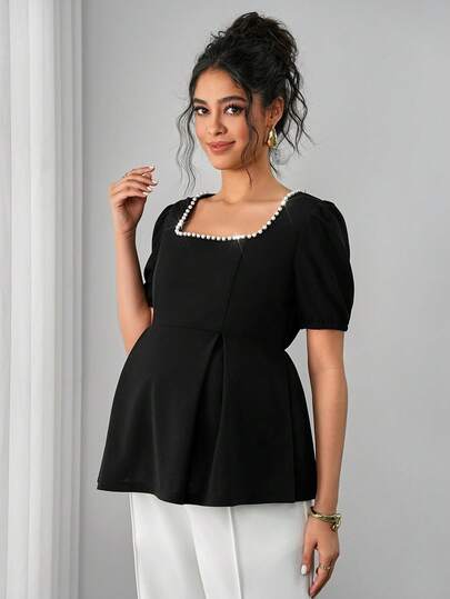 Momance 孕妇仿珍珠纯色优雅短袖T恤