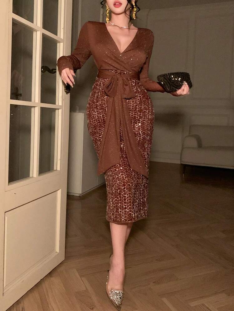 Spring & Summer Shiny Sequin Contrast Color Patchwork Dress, Elegant Tie-Up Bodycon Midi Dress For Valentine's Day, Wedding, Party, Banquet Carnival Wedding Guest Dress Sparkly Dress Sundress