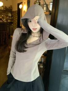 DAZY Camiseta de manga larga con capucha de estilo coreano casual y holgada para mujer - Gris - Ver 9