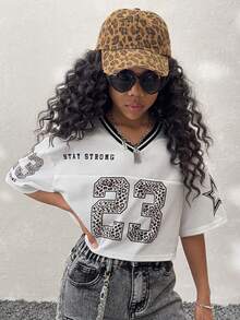 Coolane Kids Tween Girls Summer/Spring, Streetwear Sparkly Breathable Mesh Number Pattern White V-Neck Short Jersey Tees,Back To School ,Y2K,Jersey T-Shirt - White - View 4