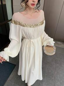 DAZY 女士优雅拼接亮片直筒宽松白色中长连衣裙，秋季婚礼宾客礼服/吊带裙 - 米色 - 查看 4