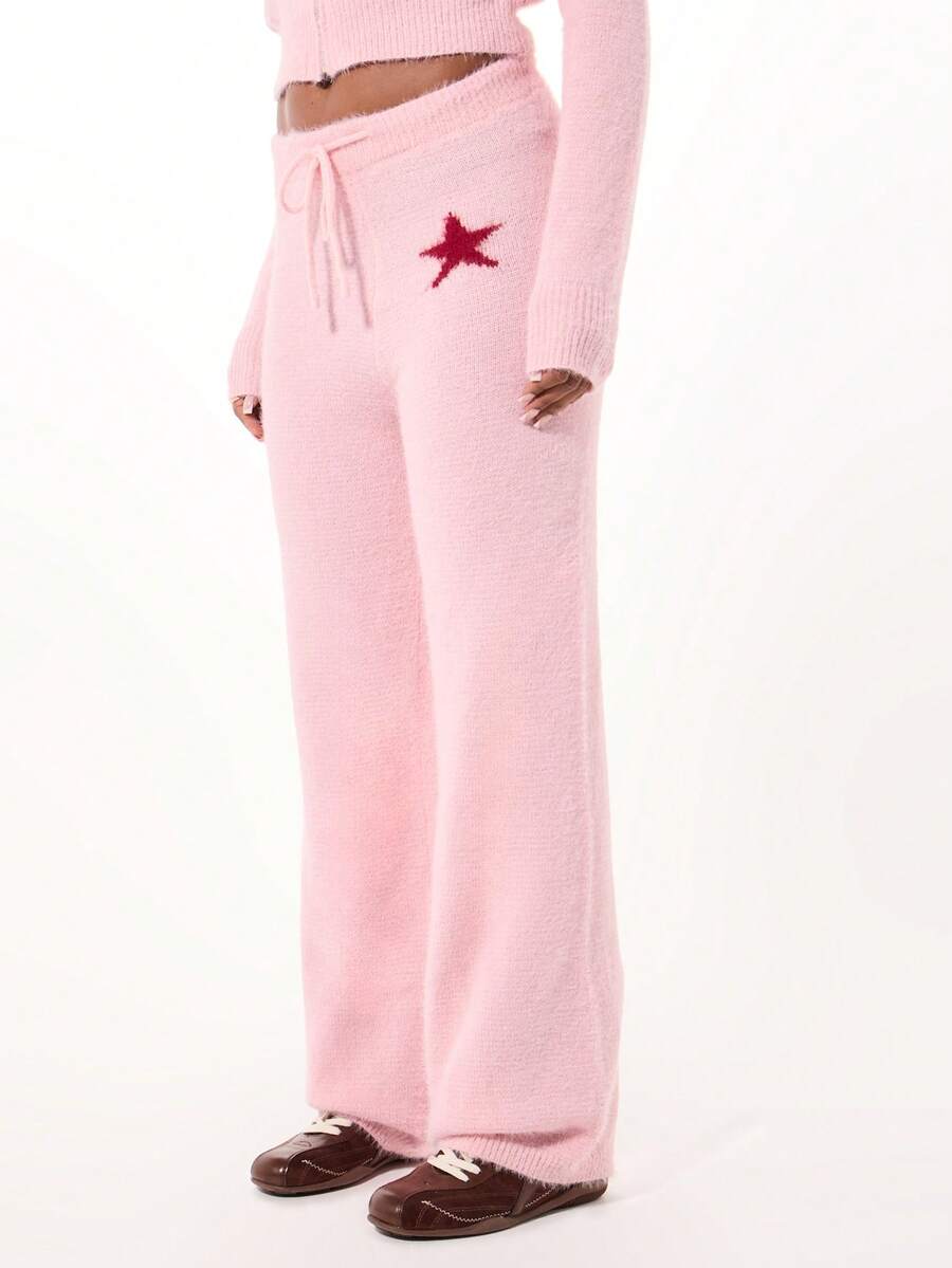 SUMWON 大码针织毛衣裤，星形印花细节，抽绳腰带，冬季舒适家居裤