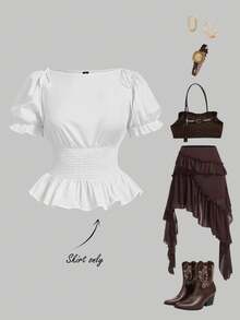 SHEIN MOD Plusstorlek Vit Peplumtopp med Åtsittande Midja, Puffärm, Rynkad Peplumtopp, Rosettdekoration, Söt Romantisk, Resortskjorta, Vår- och Sommarsemester, Systers Tea Party - Vitt - Visa 1