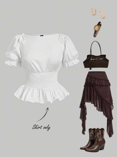 SHEIN MOD Plus Size White Cinched Waist Puff Sleeve Shirred Peplum Top, Bow Decor Sweet Romantic , Resort Shirt, Spring And Summer Vacation, Sister's Tea Party