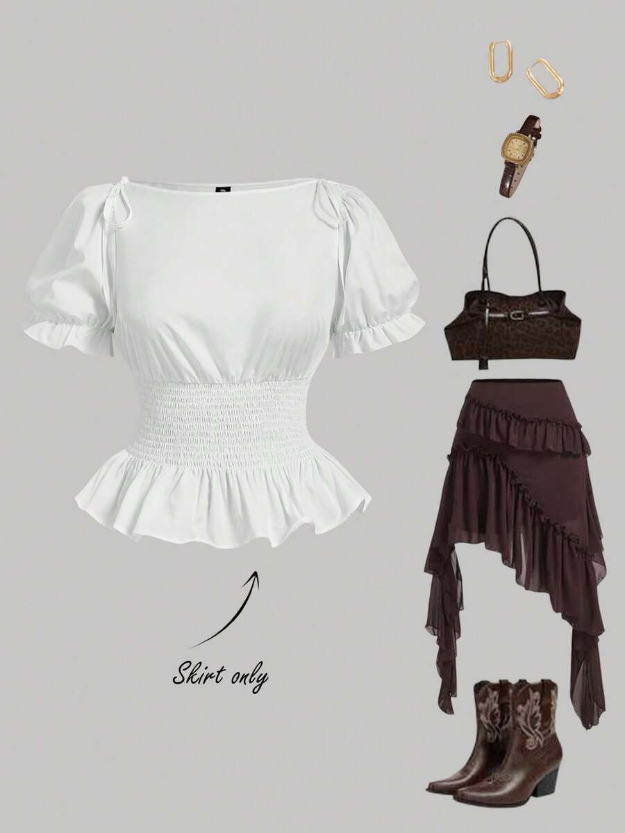 SHEIN MOD Plusstorlek Vit Peplumtopp med Åtsittande Midja, Puffärm, Rynkad Peplumtopp, Rosettdekoration, Söt Romantisk, Resortskjorta, Vår- och Sommarsemester, Systers Tea Party - Vitt - Visa 1