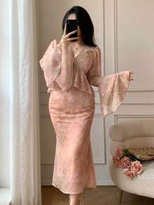 DAZY Bộ đồ 2 món dành cho nữ: váy hai dây cổ chữ V họa tiết hoa thanh lịch, viền bèo nhún, thích hợp cho mùa xuân/hè, váy dự tiệc cưới. - Hồng - Xem 7