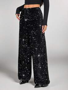 SHEIN PETITE Women's Black Velvet Shiny Sequin Casual/Concert/Cocktail Party/Night Out/Carnival Drawstring Wide Leg Pants Drawstring Pants New Year Party Heavy-Duty Sequined Pants, Perfect For Weddings, Parties, Gatherings, And Commuting. Sparkling And Shimmering. Glitter Pants Black Black Sequin Pants Sparkly Pants Black Sparkly Pants - Black - View 10