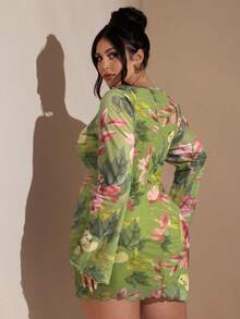 SHEIN BAE 大码女式长袖迷你连衣裙，秋冬款 - 薄荷綠 - View 2