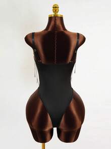 Mistrie Damen Slim Fit Sexy Träger Ketten Dekor Bodysuit, geeignet für Musikfestivals, Frühling/Sommer - Schwarz - Übersicht 3