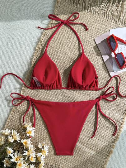 Swim Mod Women's Solid Color Halter Triangle Cup Side Tie Bikini Swimwear Set, Summer Beach