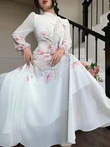 Modelyn Vestido de manga larga con estampado de colocación, plisado y con lazo en la cintura para mujeres - Rosa - Ver 3