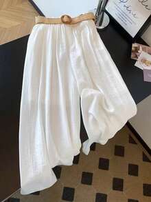 Airaco 女士休闲日常通勤简约纯色纸袋腰褶皱宽松阔腿裤 - 白色 - 查看 3