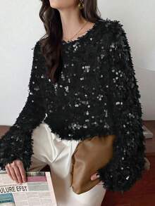 Elyressa 1pc Fashionable Fluffy Sequin European Design Loose Relaxed Fit Crew Neck Pullover Sweater, Cropped Soft & Cozy Elegant Women Winter - Black - View 5