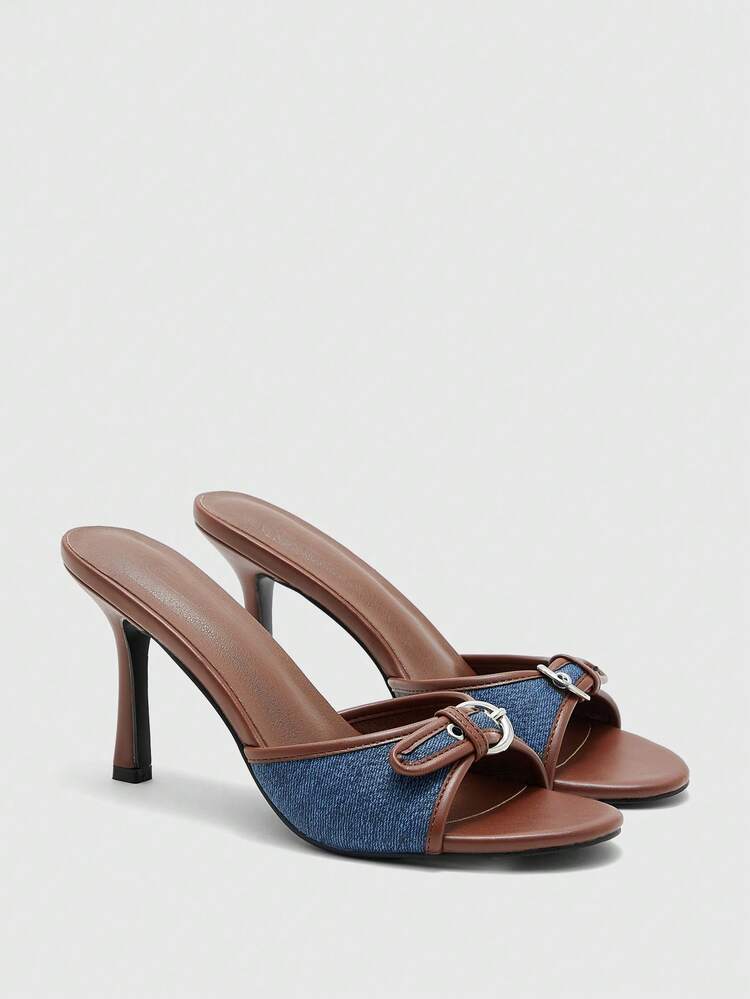 CUCCOO SZL Brown PU Leather Mixed Gold Buckle Decor 3.5" High Heel Round Toe Retro Mule Sandals For Christmas Prom Heels