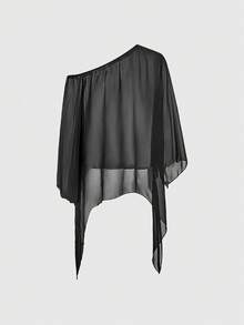 ROMWE Blusa de hombros transparentes con bajo asimétrico para mujer - Negro - Ver 2