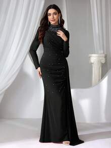 Coutiva 女士立领仿珍珠装饰长款晚礼服 - 黑色 - 查看 3