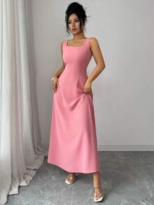 Elenzga Women's Elegant Pink Summer Wedding Ninang Sleeveless A-Line Solid Color Dress,High-End Waist Gathered Gown With Silver Sequin Tassel Decor Shawl - Dusty Pink - View 8