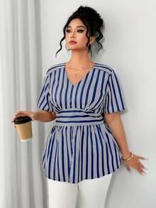 Elenzga Camisa ajustada de manga corta con cuello en V y rayas para mujer de talla grande - Azul Marino - Ver 8