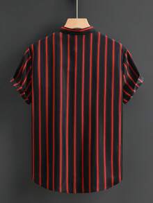 Genlund Chemise décontractée à manches courtes, à boutons et à imprimé rayé, polyvalente pour hommes - Noir - Voir 2