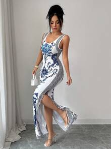 SHEIN Elenzya Exquisite Printed Chinoiserie Waist-Cinching Slit Hem Luxurious Retro Middle Eastern UAE Style Robe - Multicolor - View 3