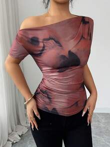 SHEIN Elenzya 女士咖啡棕色渐变不对称领口褶皱腰部短袖时尚优雅T恤，春夏款 - 咖啡棕 - 查看 5