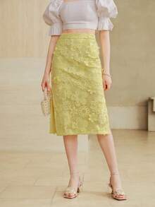 MOTF PREMIUM 侧开衩蕾丝花边短裙 - 黃色 - 查看 7