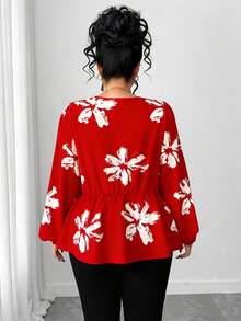 Elenzga 大码女式印花优雅交叉领系带荷叶边泡泡袖长连衣裙，秋季上衣 - 彩色 - 查看 2