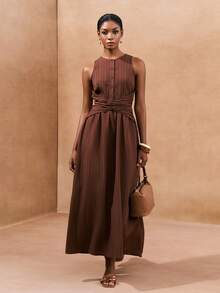 Zivah Vestido de línea A con cuello redondo, sin mangas, cintura cruzada y fruncido, de tela texturizada con rayas verticales en color marrón oscuro, para primavera y verano 2026, estilo casual de negocios - Café integral - Ver 1