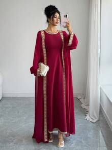 Elenzga Urban Chic New Women's Red Sleeveless Fitted Dress With Gold Ribbon, Loose Long Sleeve Maxi Cover Up, Suitable For Daily Wear, Weddings, Galas, Commute, Graduation Parties, Holidays, Dates, Parties, Halloween, Christmas, New Year, Thanksgiving, Wedding Guest Outfits - Red - View 6