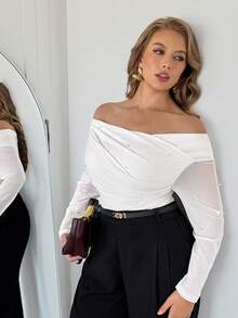 Auralis 大码优雅通勤珍珠装饰露肩网纱拼接串珠长袖春季收腰优雅办公通勤上衣，适合音乐节、浪漫场合和法式风格。 - 白色 - 查看 5