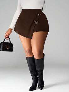 SHEIN PETITE CURVE 大码女式不对称蝴蝶结水钻装饰情人节黑色爱心/恋人基本款短裤 - 咖啡棕 - 查看 6