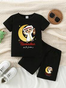 春夏男婴休闲时尚创意个性化清新简约可爱卡通月亮星星图案字母标语印花宽松T恤短裤套装，舒适温暖的夏季风格，适合春夏季节，节日氛围服装，婴儿黑色库尔塔，婴儿阿拉伯服装，黑色婴儿服装，男婴服装 - 黑色 - 查看 3