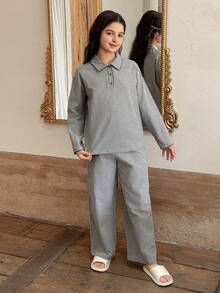 DAZY Tween Girls Casual Striped Half-Zip Ruffle Trim Loungewear Set, Fall - Grey - View 7