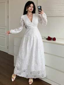 DAZY Đầm midi trắng dáng suông, cổ chữ V, chất liệu ren jacquard, thanh lịch, eo thon, thích hợp cho kỳ nghỉ hè, dự tiệc cưới, tiệc mùa hè dành cho nữ. - Màu be - Xem 7