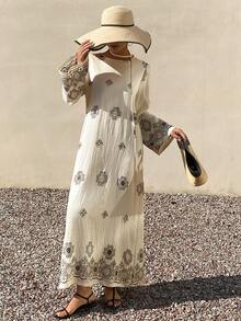 Livesso 春夏印花休闲度假沙滩雪纺中长连衣裙，直筒下摆，喇叭袖，系带腰身，适合复活节等场合穿着。 - 米色 - 查看 4