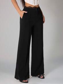 SHEIN PETITE 女士黑色薄纱蕾丝阔腿裤，商务休闲裤，适合春夏办公室穿着 - 黑色 - 查看 5